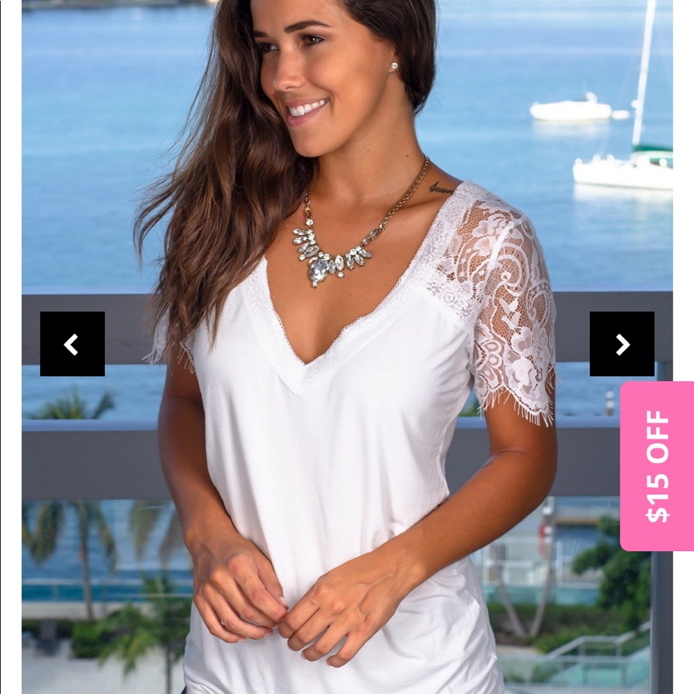 Small Ivory V-Neck Top with Lace Sleeves
